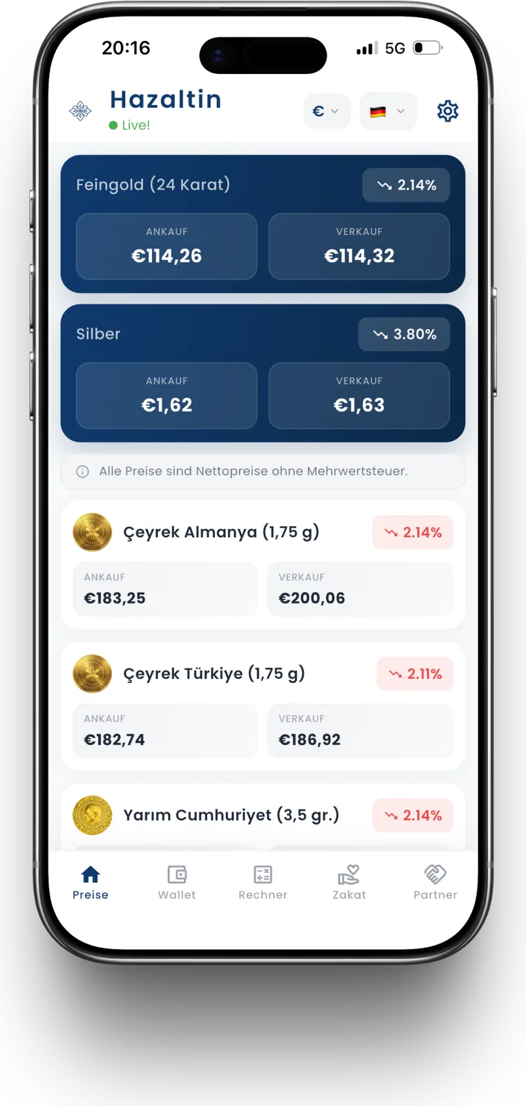 Hazaltin – Goldpreis- & Zakat-App – Tagespreise