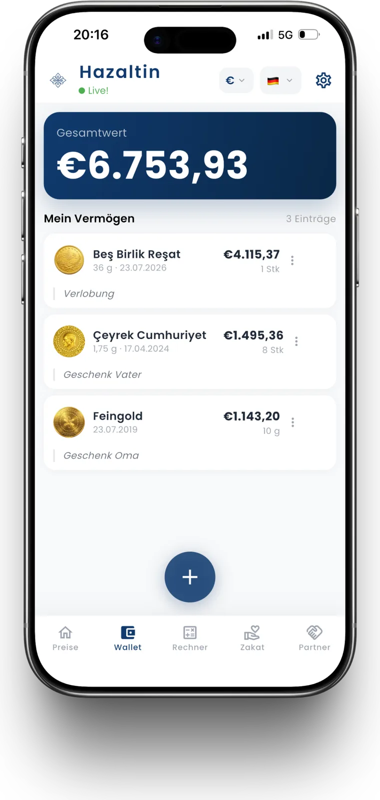 Hazaltin – Goldpreis- & Zakat-App – Eigener Bestand